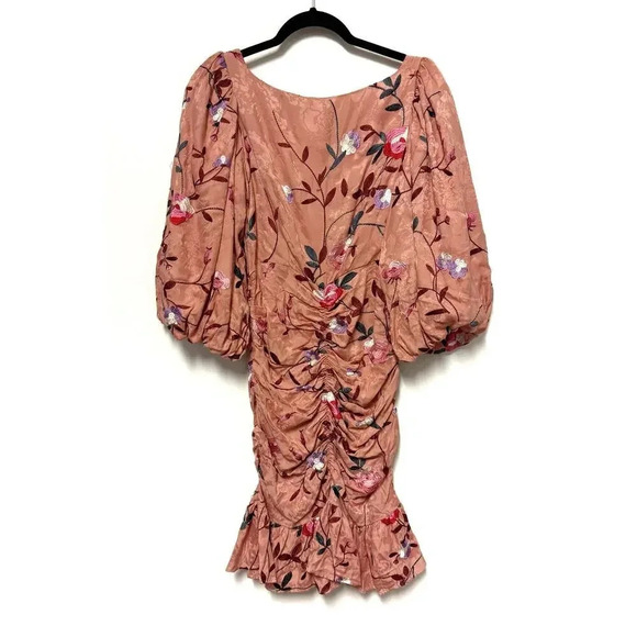 NWOT $229 By TiMo Ruched Floral Embroidered Jacquard Dress - Puff Sleeve Ruffles - Picture 10 of 10